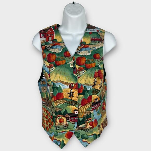 Handmade leaf button snap closure fall novelty farm print vest Women's XS - Picture 2 of 8